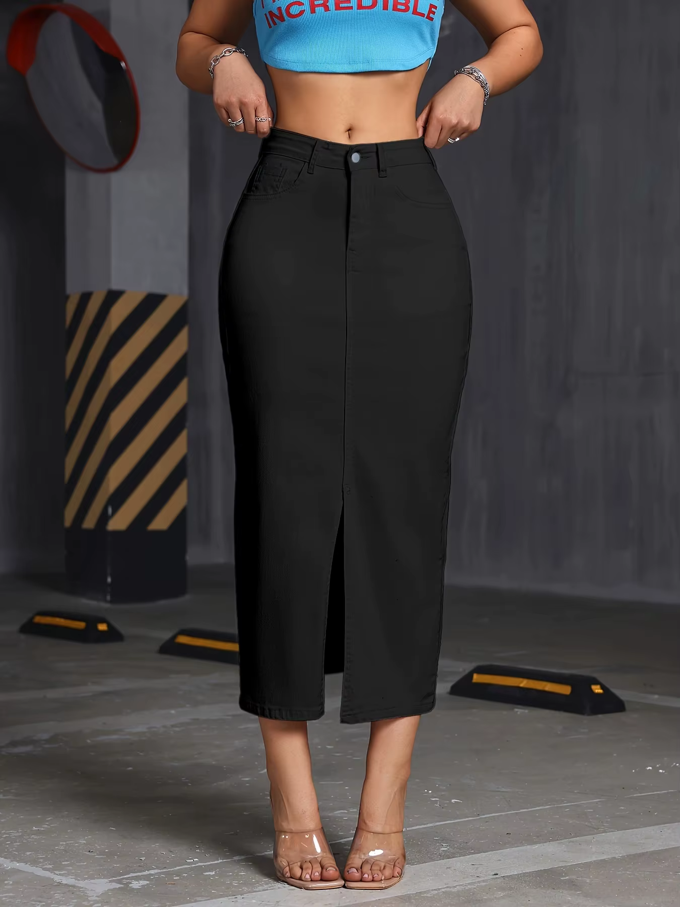 Nouvelle jupe trapèze mi-longue pour femme avec fente, style simple