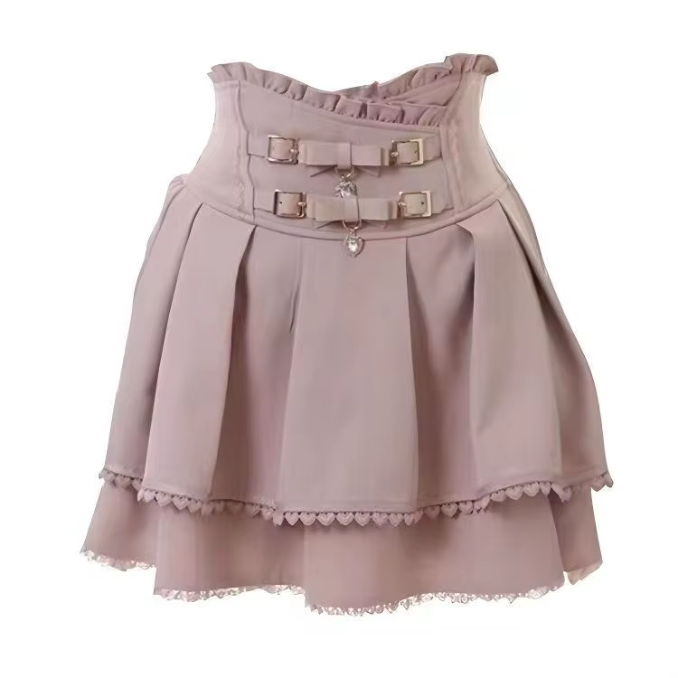 Jirai Kei Sweet Lolita Skort 2024 été-Double nœud papillon taille haute jupe courte avec boucle en cuir coupe ajustée