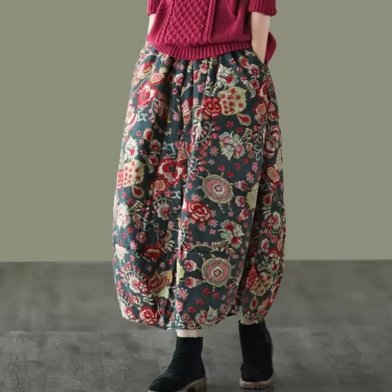 Jupe mi-longue rétro en coton et lin à imprimé floral artistique