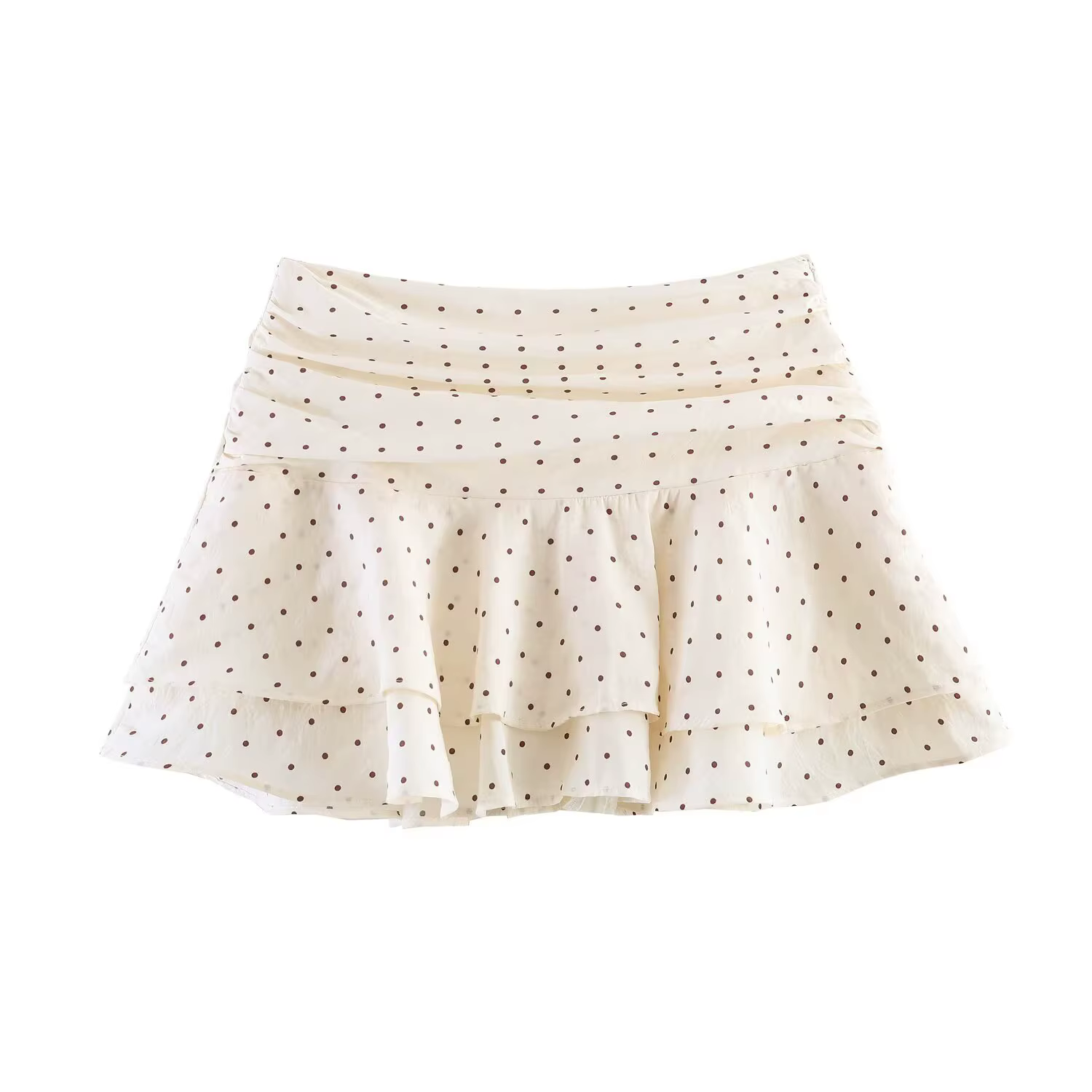 BSAY Nouvelle jupe-short beige à pois pour femme, taille haute, plissée, à volants, superposée, mini-jupe décontractée d'été pour la plage avec doublure