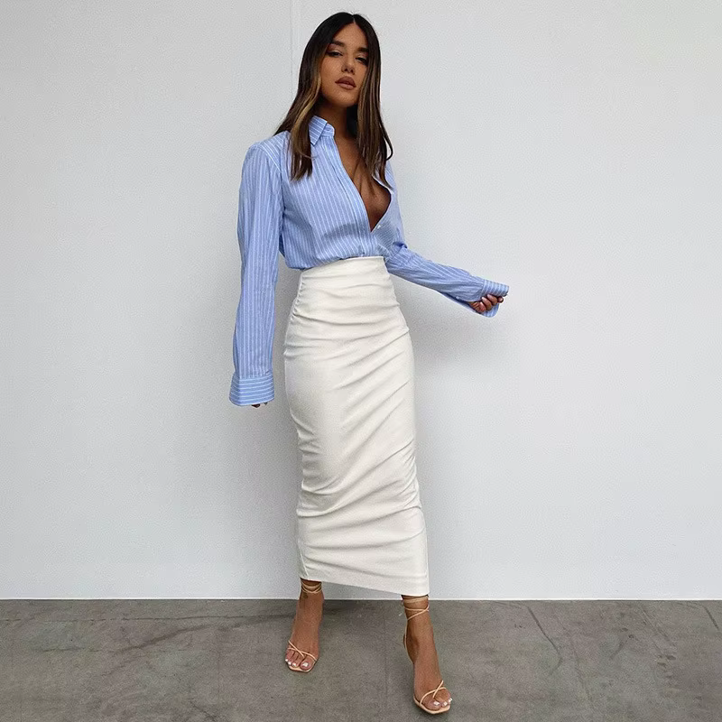 Jupe mi-longue en faux cuir PU pour femmes, style Y2K, coupe haute et mince, longueur cheville, polyester, plis élégants, soirée et cérémonie, noir et blanc, printemps automne