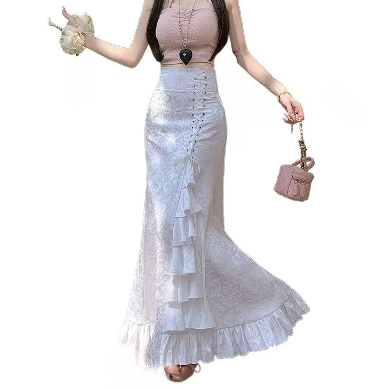 Jupe femme Style rétro jeu de rôle cour victorienne robe sirène longue Sexy à volants mince queue de poisson dentelle