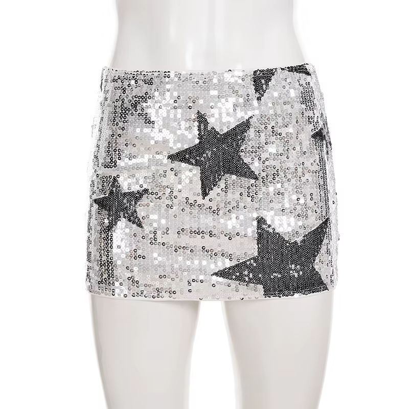 SUCHCUTE Argent Sexy Fête Paillettes Mini Jupe pour Femmes Plage Soirée Date Resort Taille Basse