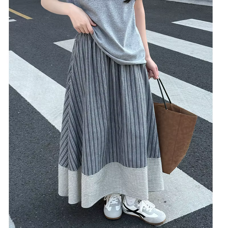 Jupe longue maxi évasée à rayures rétro japonaises pour femme