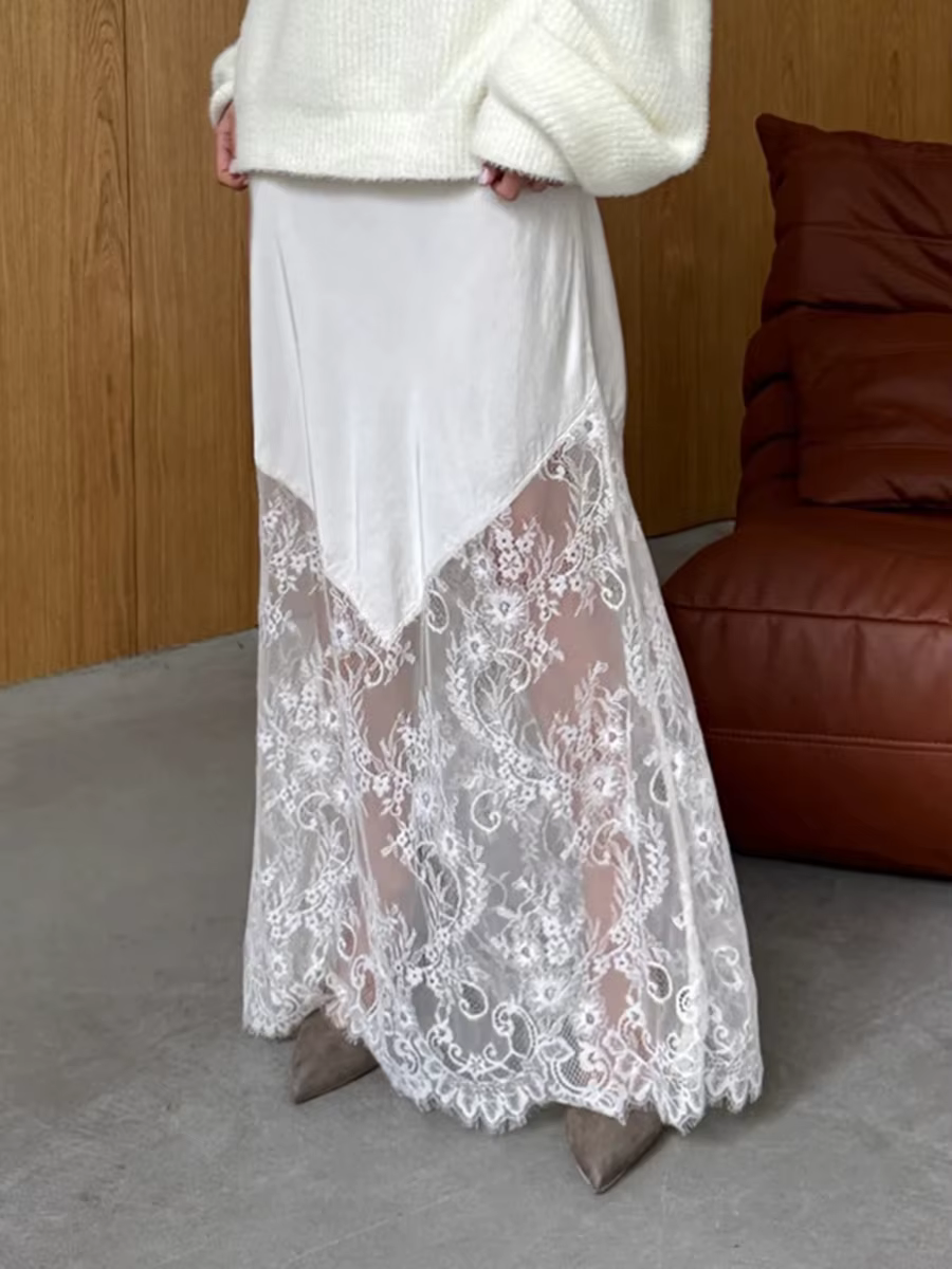 Dentelle Patchwork Satin jupe longue femmes été fermeture éclair taille haute élégant a-ligne Faldas femme élégante Simple mode Maxi jupes