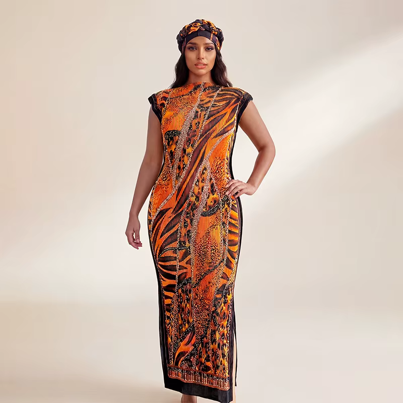 Robe longue africaine avec écharpe, style streetwear, motif géométrique, polyester, sans manches, longueur cheville, décolleté rond, adaptable pour femmes occasions spéciales