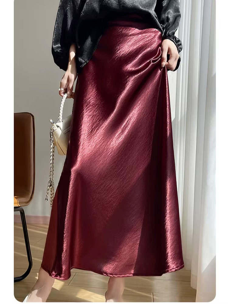 Jupe mi-longue en satin haute brillance pour femme avec fente scintillante, décontractée et élégante pour occasions spéciales