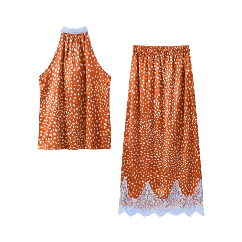 Ensemble jupe et haut imprimé élégant avec ruban réversible et insert en dentelle