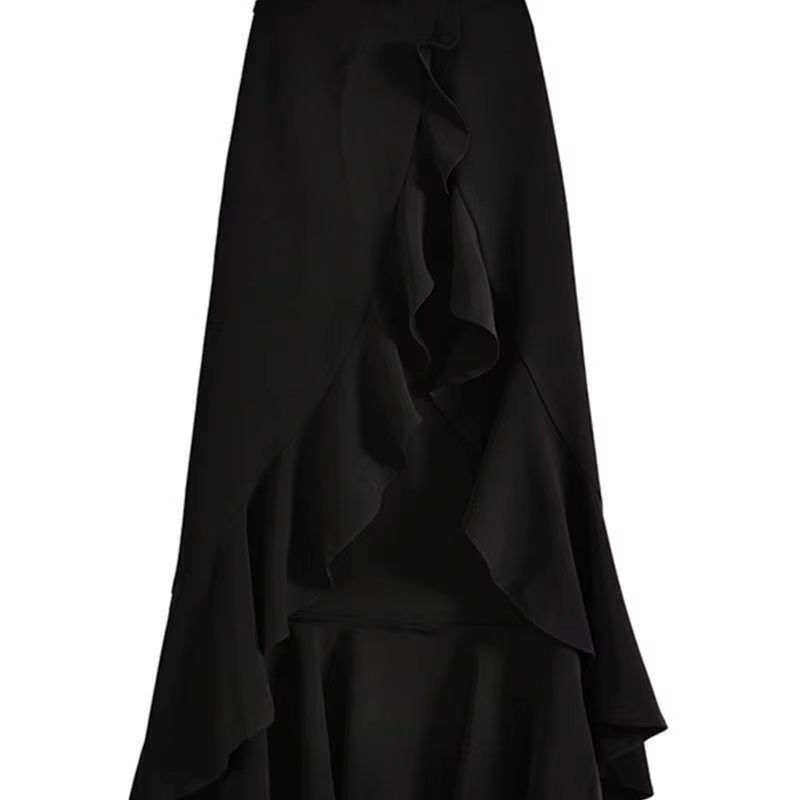Jupe longue fendue noire taille haute à volants irréguliers et bordure feuille tridimensionnelle