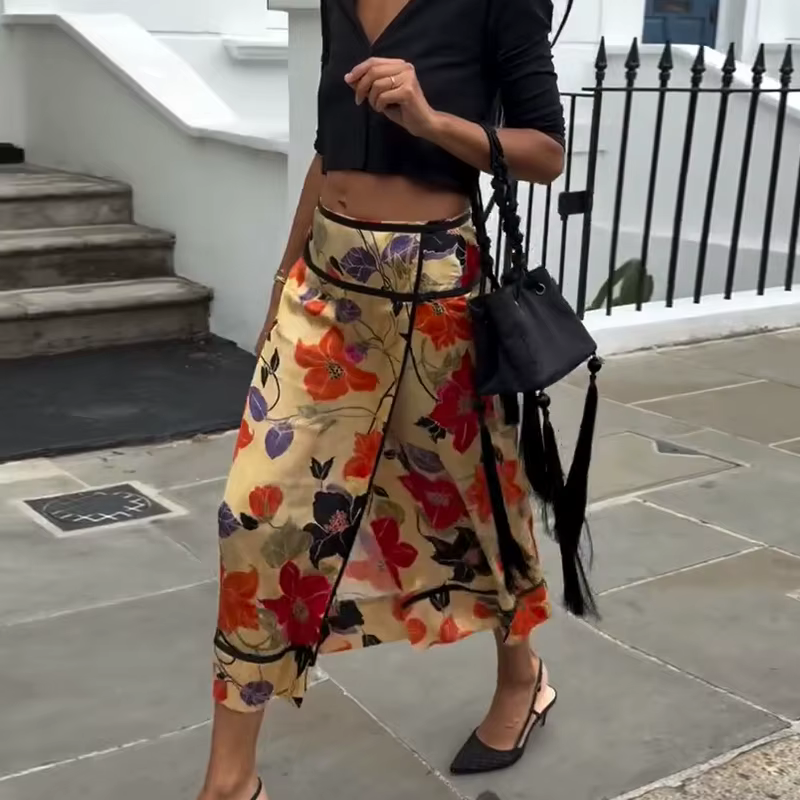 Jupe imprimée en fibre de polyester floral vintage coupe mi-longue ajustée pour femmes printemps été occasions spéciales