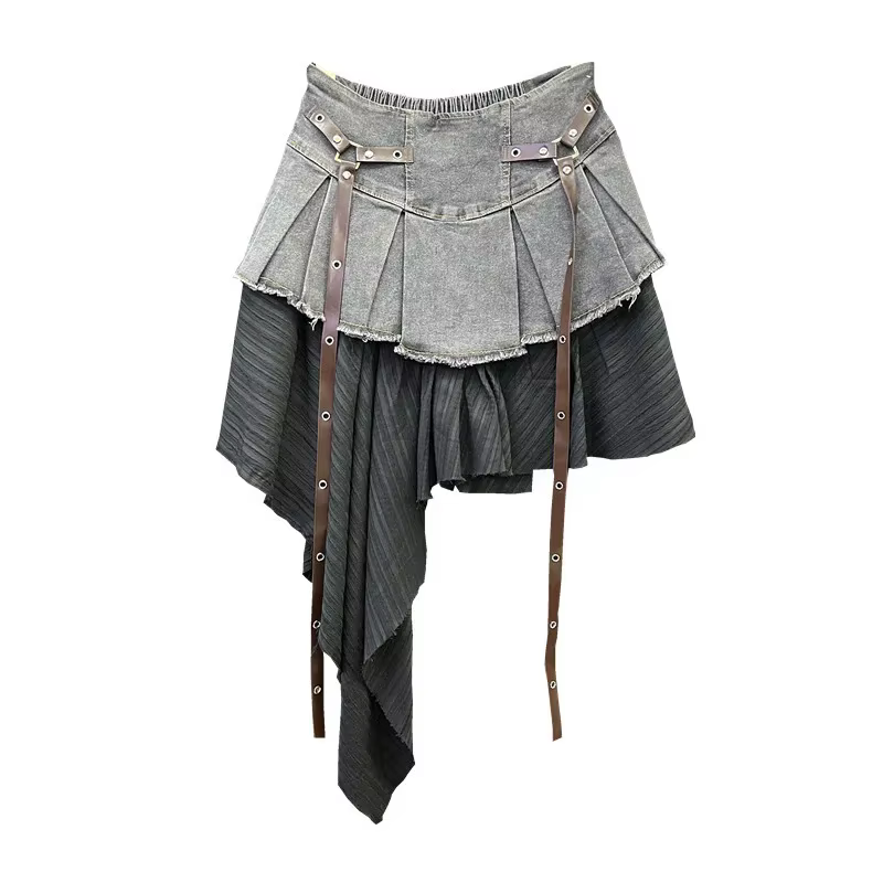 Jupe plissée en Denim épissé rétro pour femmes