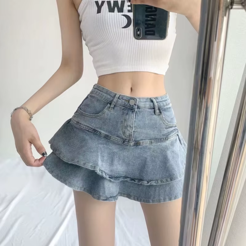 Jupe mini taille haute en vinyle denim trapèze plissée style queue de poisson ajustement mince pour femmes occasions spéciales été