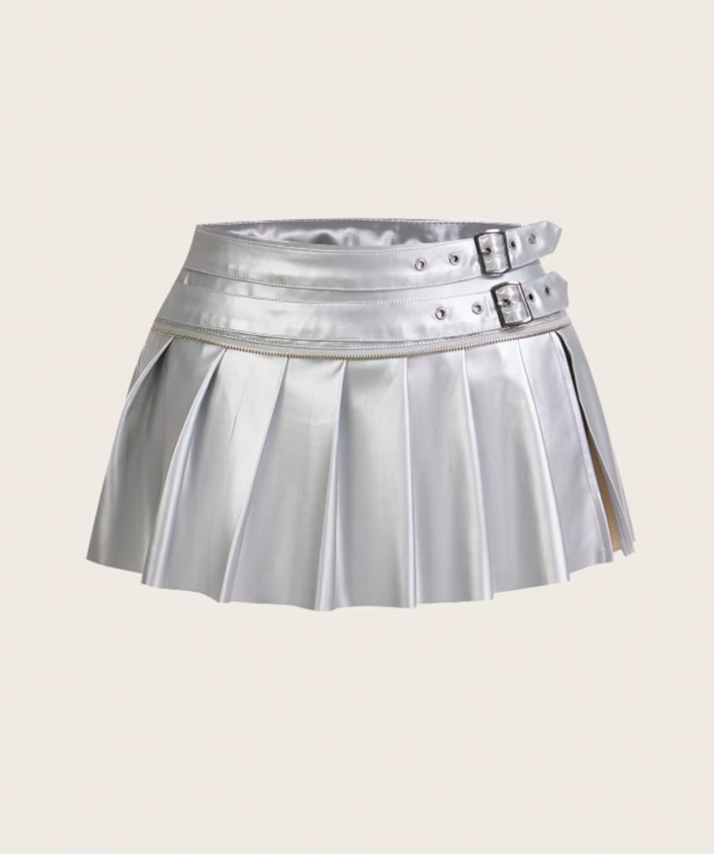 Jupe plissée en cuir PU JCLOTHZI avec écharpes pour femmes, mini jupes fendues, couleur argent, rouge, brun, fuchsia, occasion spéciale