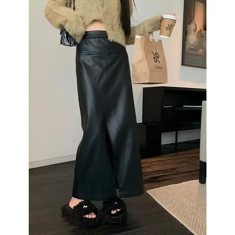 Jupe longue fendue en cuir PU noir taille haute pour femme