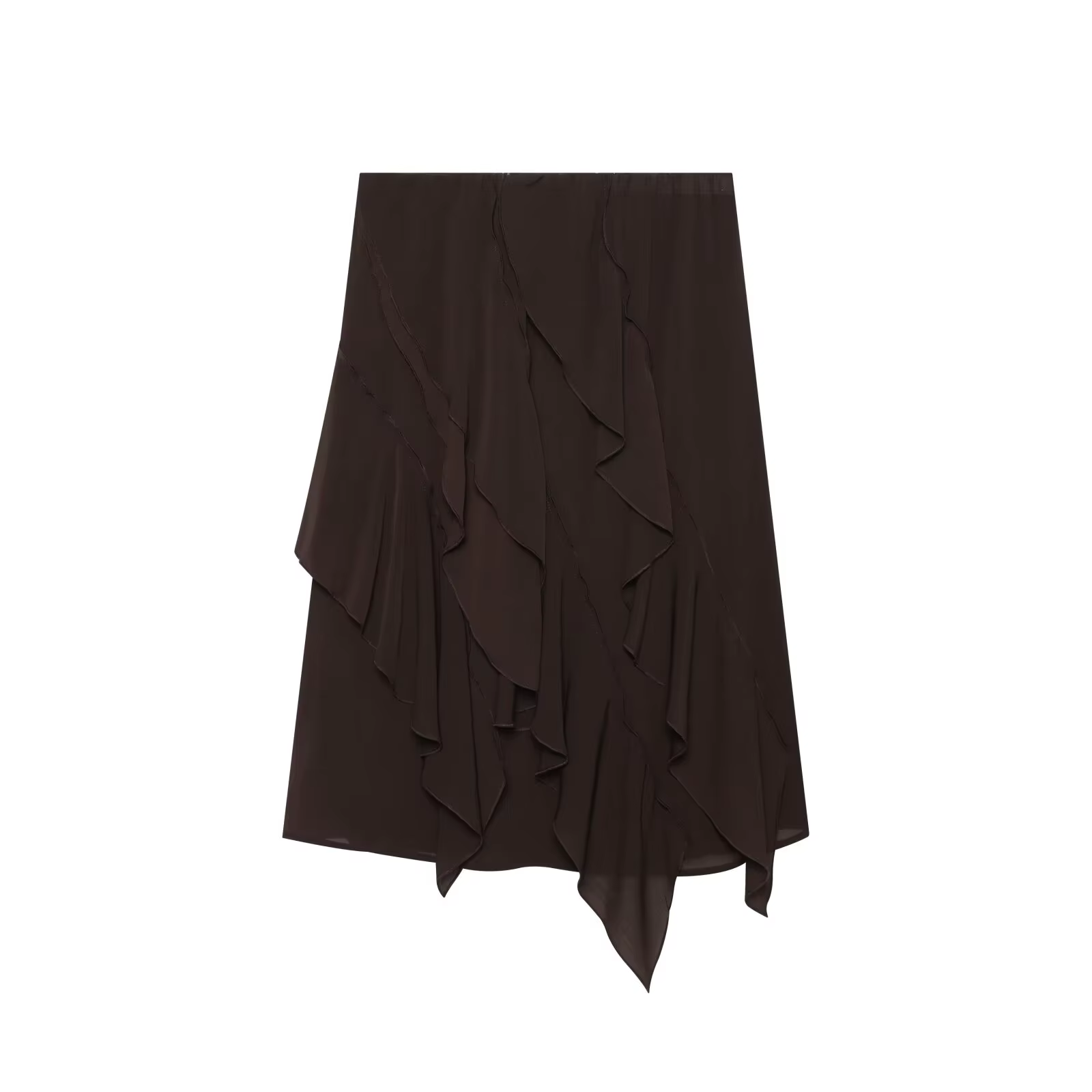 YENKYE Jupe midi asymétrique à volants marron foncé pour femme