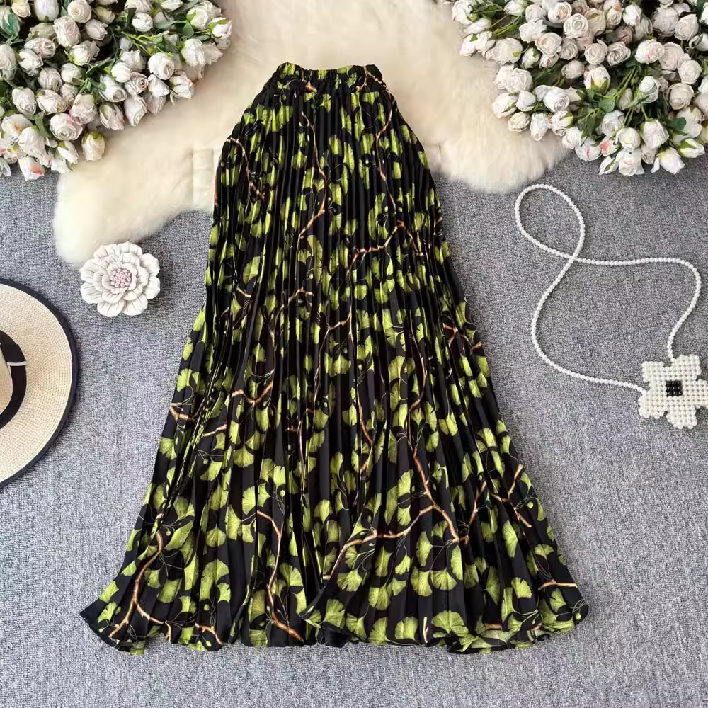 Jupes plissées en mousseline de soie pour femmes, imprimé floral, mode Vintage, couleur trapèze, vêtements de transport assortis avec tout, printemps été