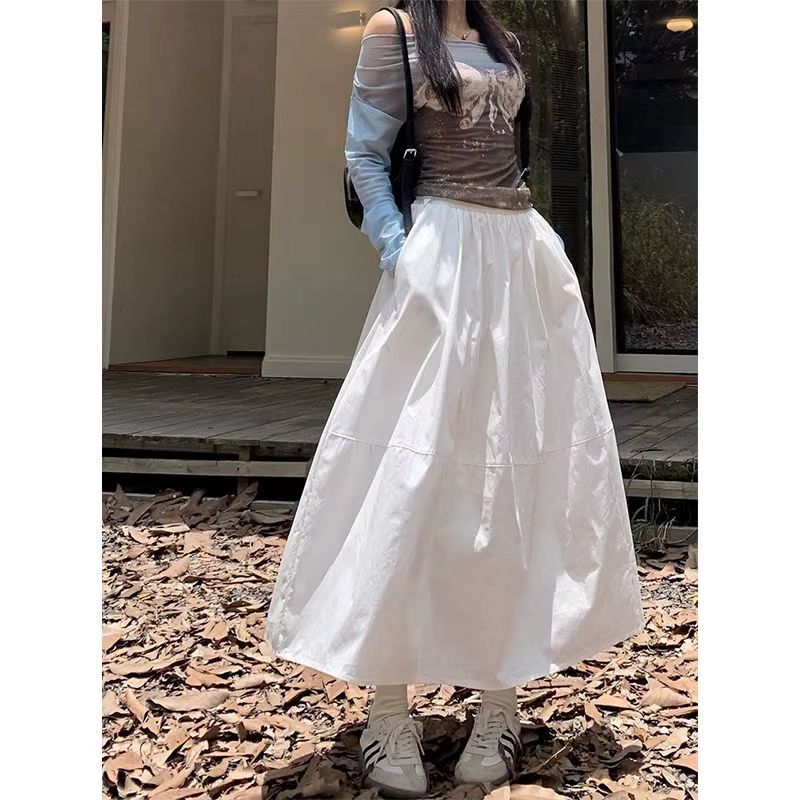 Jupe trapèze mi-longue en pur coton blanc pour femmes