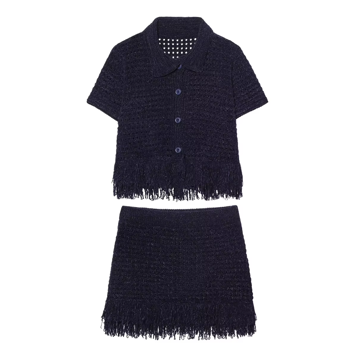 HH femmes jupes tricotées ensemble à manches courtes revers simple boutonnage frange décoration hauts + taille haute
