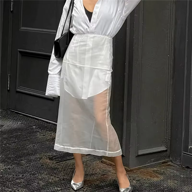 Hirigin Jupe midi superposée en maille transparente pour femme
