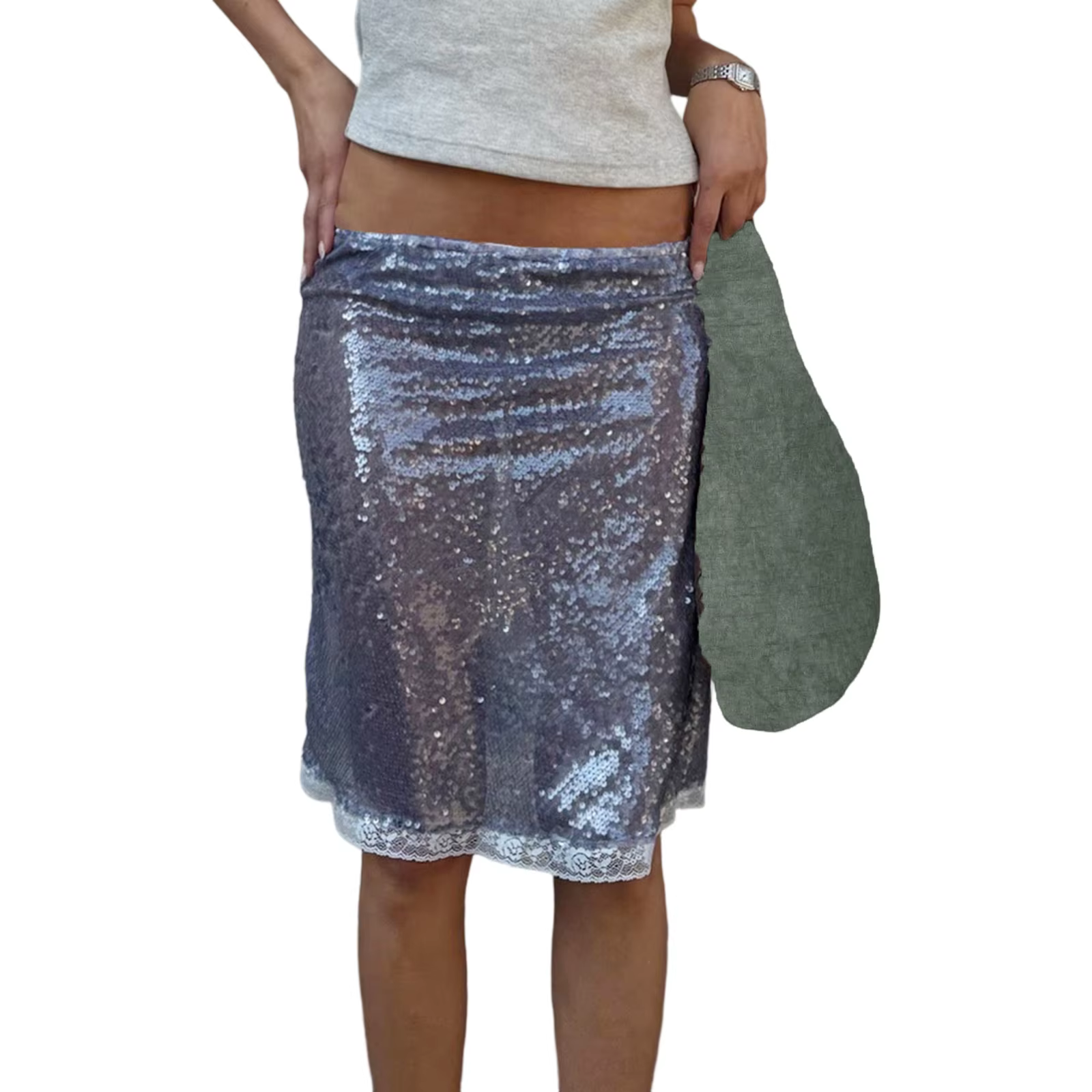 Nouvelles femmes mode jupes mi-longues paillettes dentelle garniture taille basse