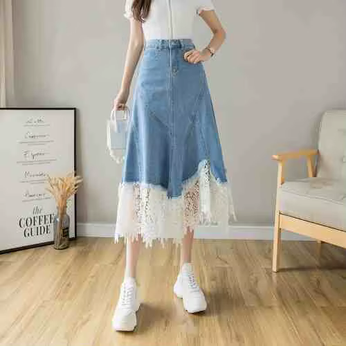 Jupe en jean patchwork en dentelle pour femmes nouvelle collection été rétro coupe régulière silhouette amincissante trapèze mi-longue