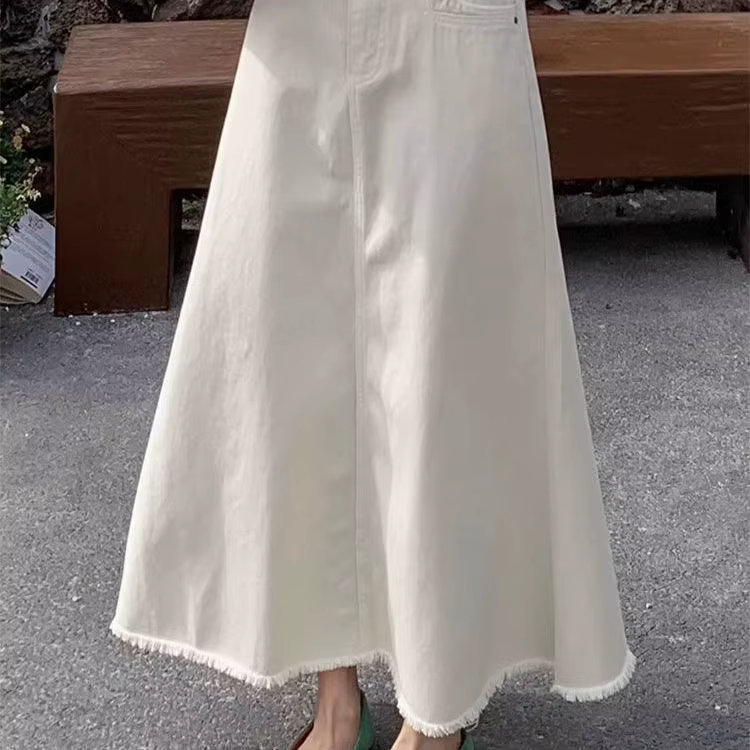 Jupe Taille Haute Blanche Denim Polyestercoton Pour Femmes Occasions Estivales Silhouette Minceur Mode Queue de Poisson Mi-Mollet