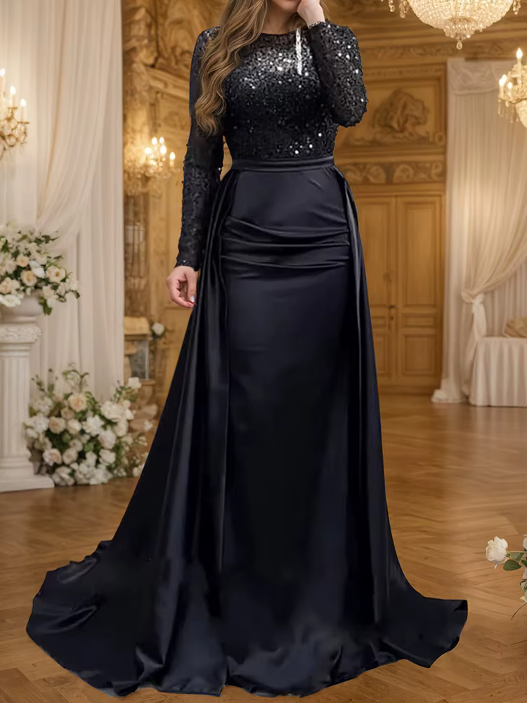 Robe de soirée glamour à paillettes pour femmes, col rond, manches longues, froncée, moulante, silhouette élégante, soirée de gala, cérémonie de remise de prix, mariage