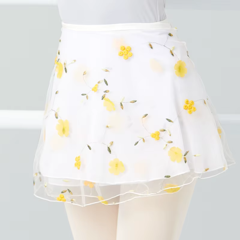 Jupes de danse de ballet pour femmes, broderie florale, mini jupes enveloppantes courtes, jupes de danse à lacets, 2 couches, jupes de performance de danse pour adultes