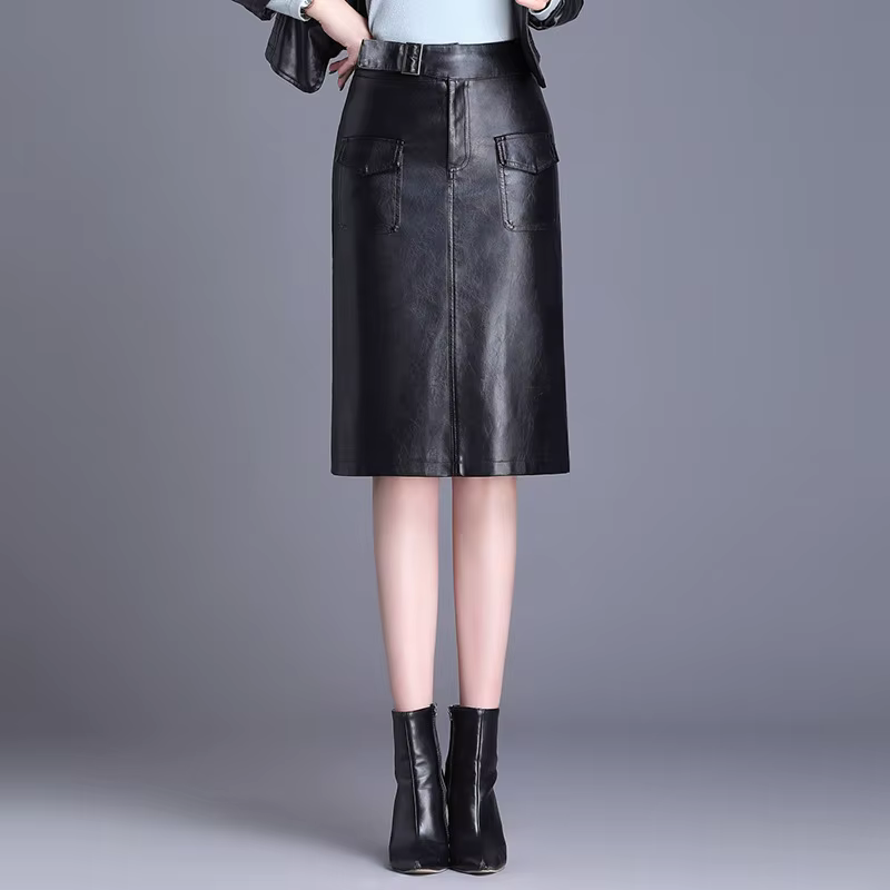 ZUZK femmes genou longueur PU jupe en cuir printemps automne couleur unie décontracté jupes droites