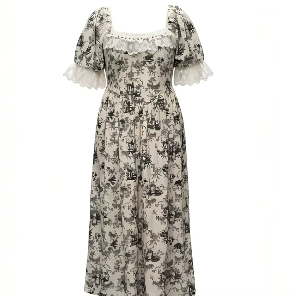 Robe longue vintage imprimé Toile de Jouy pour femme