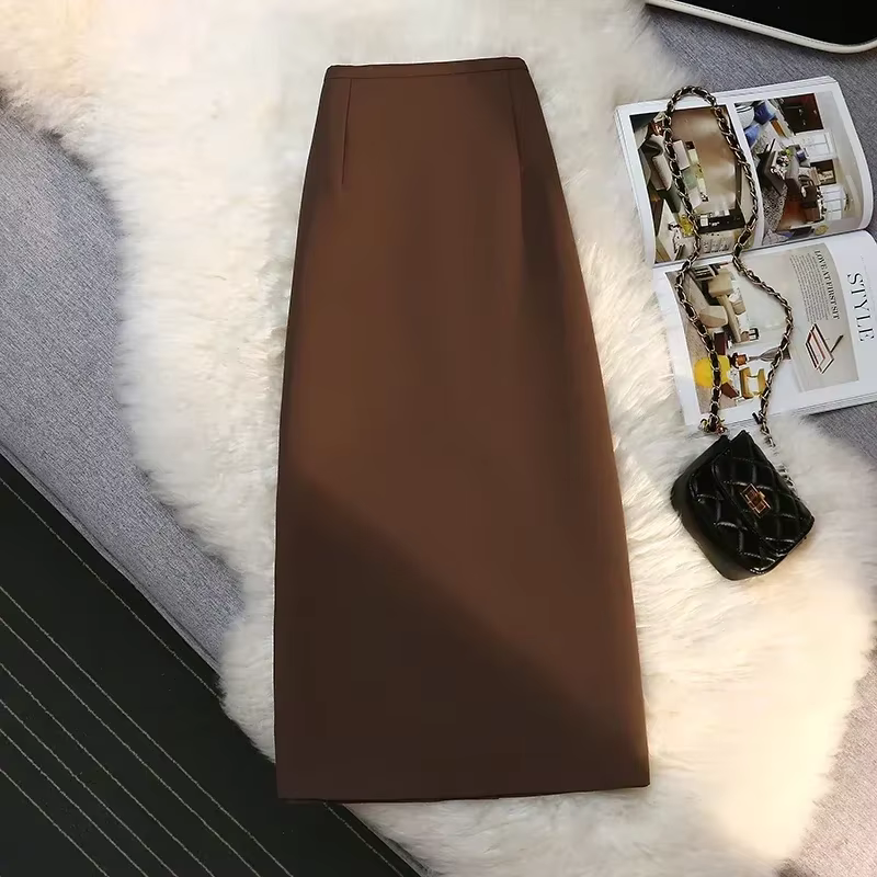 2025 jupes formelles élégantes femme automne nouvelle mode taille haute drapé longue marron costume jupe fermeture éclair femmes