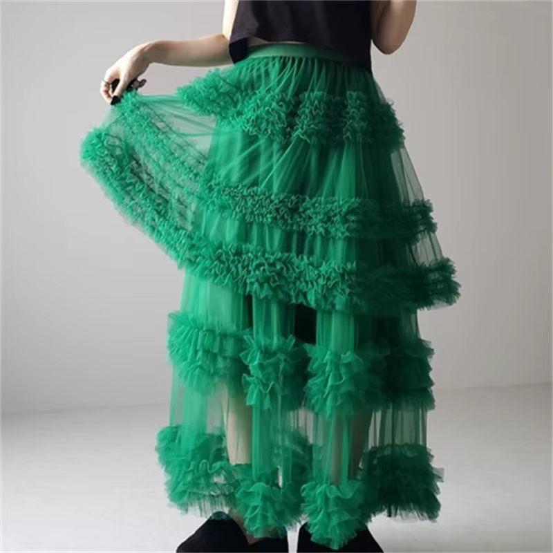 Jupe trapèze haute en tulle pour femme, maille légère et extensible, volants multilignes, été et printemps, élégance et confort