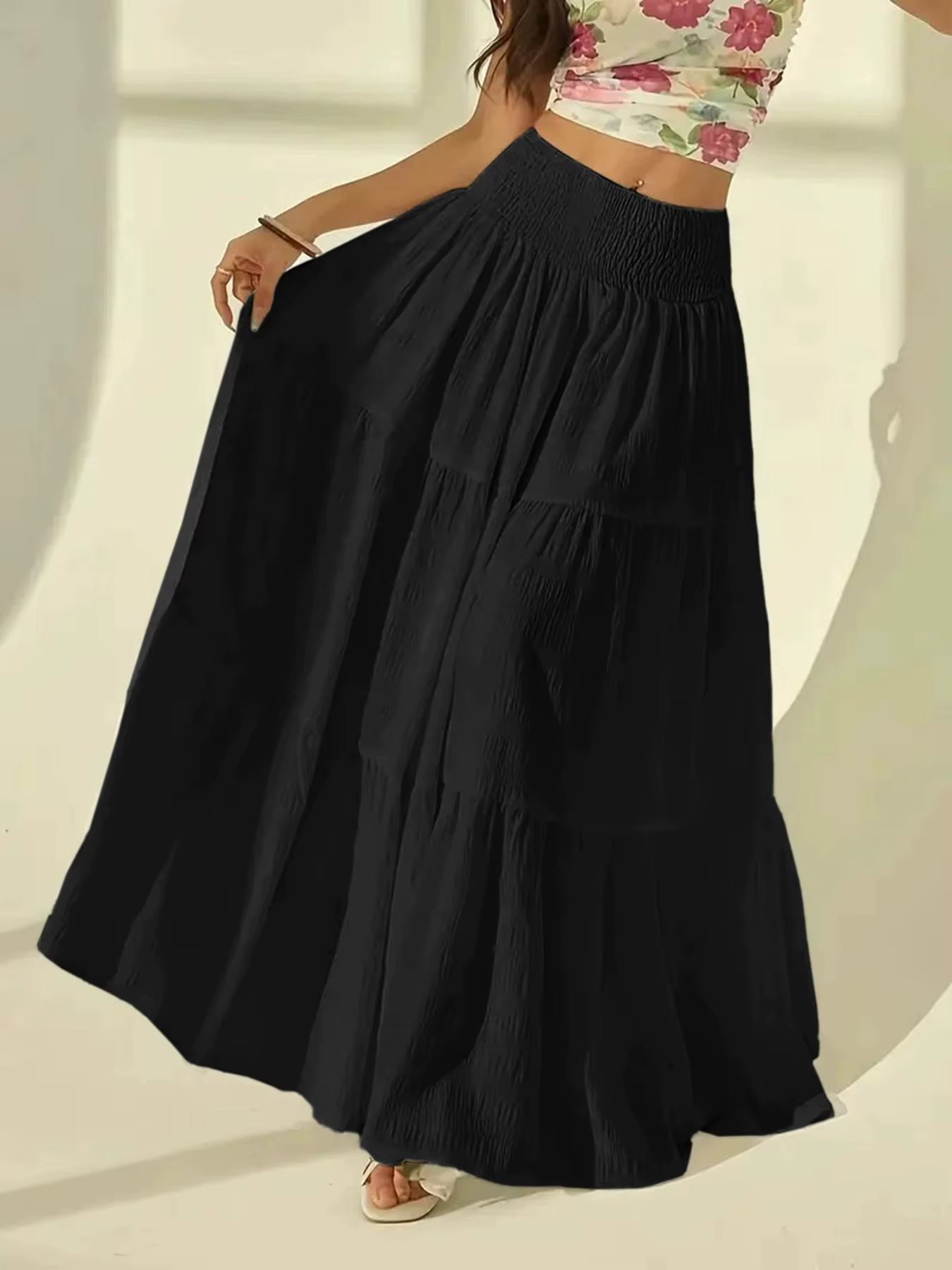Jupe longue superposée à la mode pour femmes, grande taille, décontractée, couleur unie, taille élastique, demi-jupe pour vacances, date ou vacances