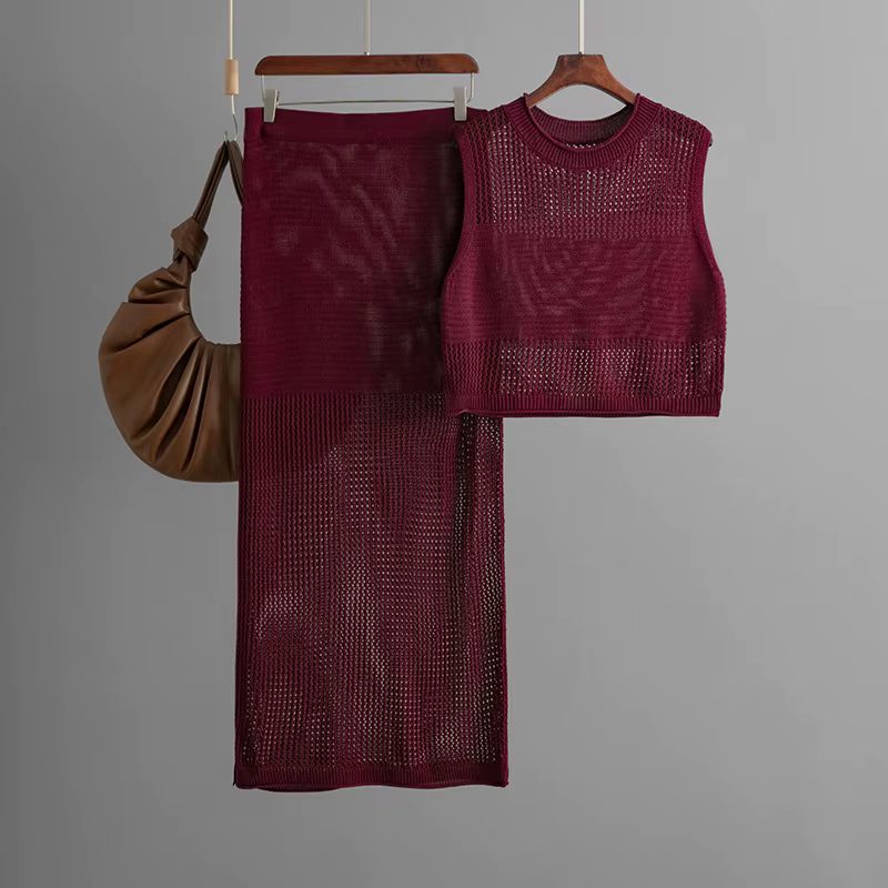 Jupe costume femmes tricot 2 pièces ensembles haut gilet jupes longues évider tricoté Ensemble