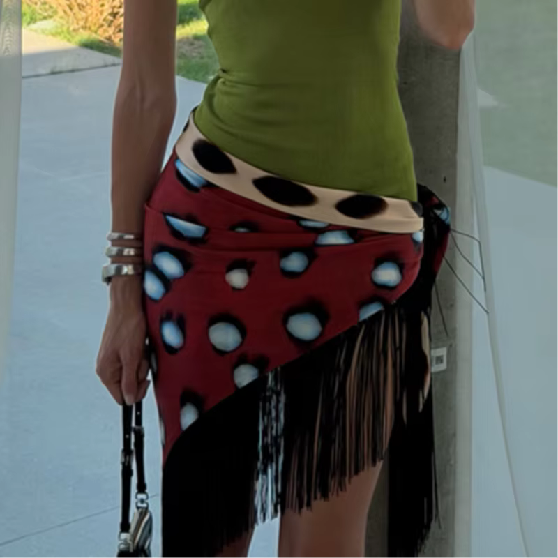 Jupe courte vintage à pois imprimés pour femme, tendance à nouer sur le côté avec longue frange et fente haute, style Y2K pour les fêtes et le streetwear