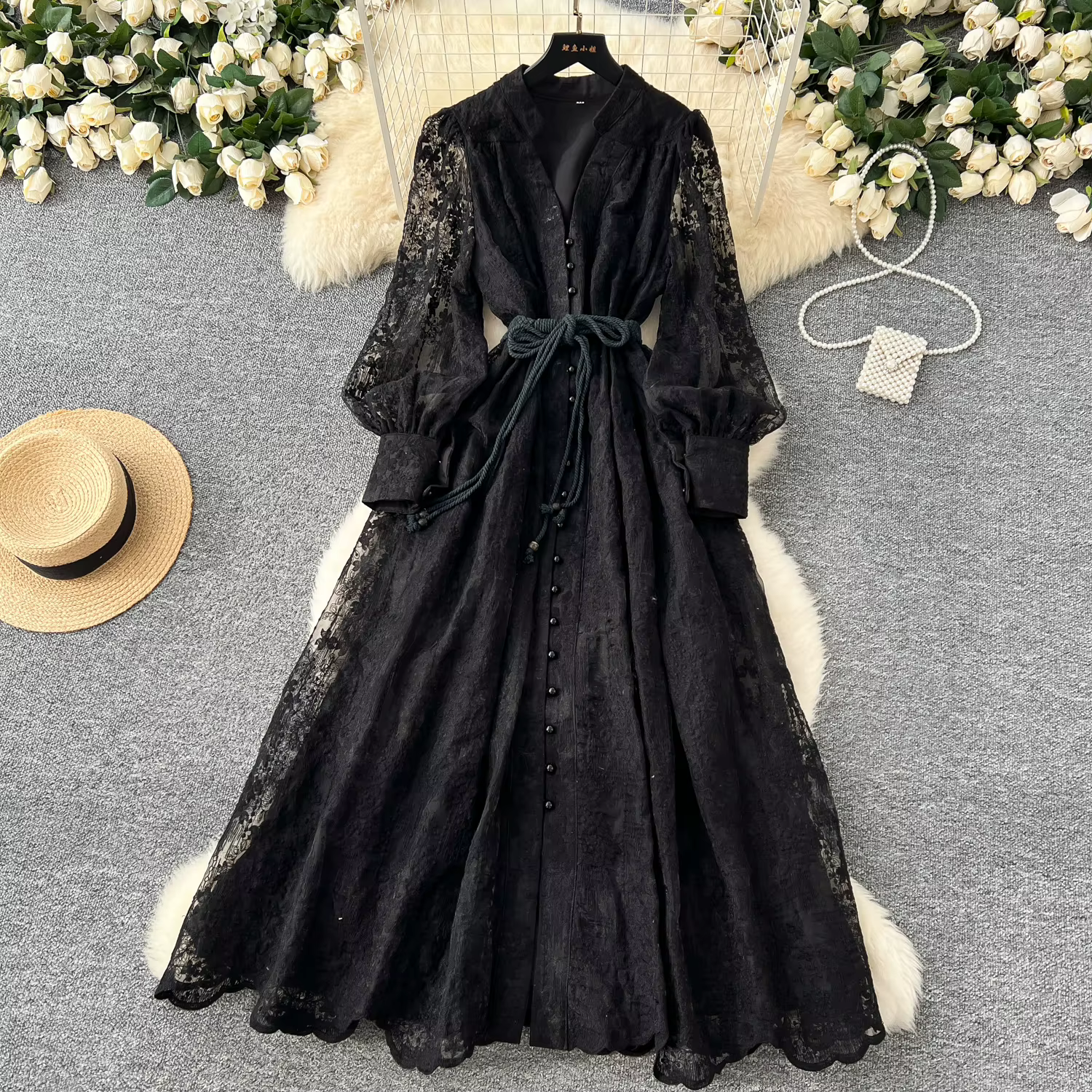 Robe de soirée Smlinan broderie florale polyester longue à manches longues boutonnage simple pour femmes occasions spéciales printemps été